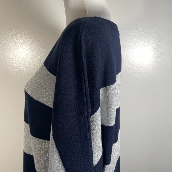 Liz Claiborne Navy Blue Silver Striped Boat Neck Tight Knit Pullover Sweater XL - Picture 7 of 13